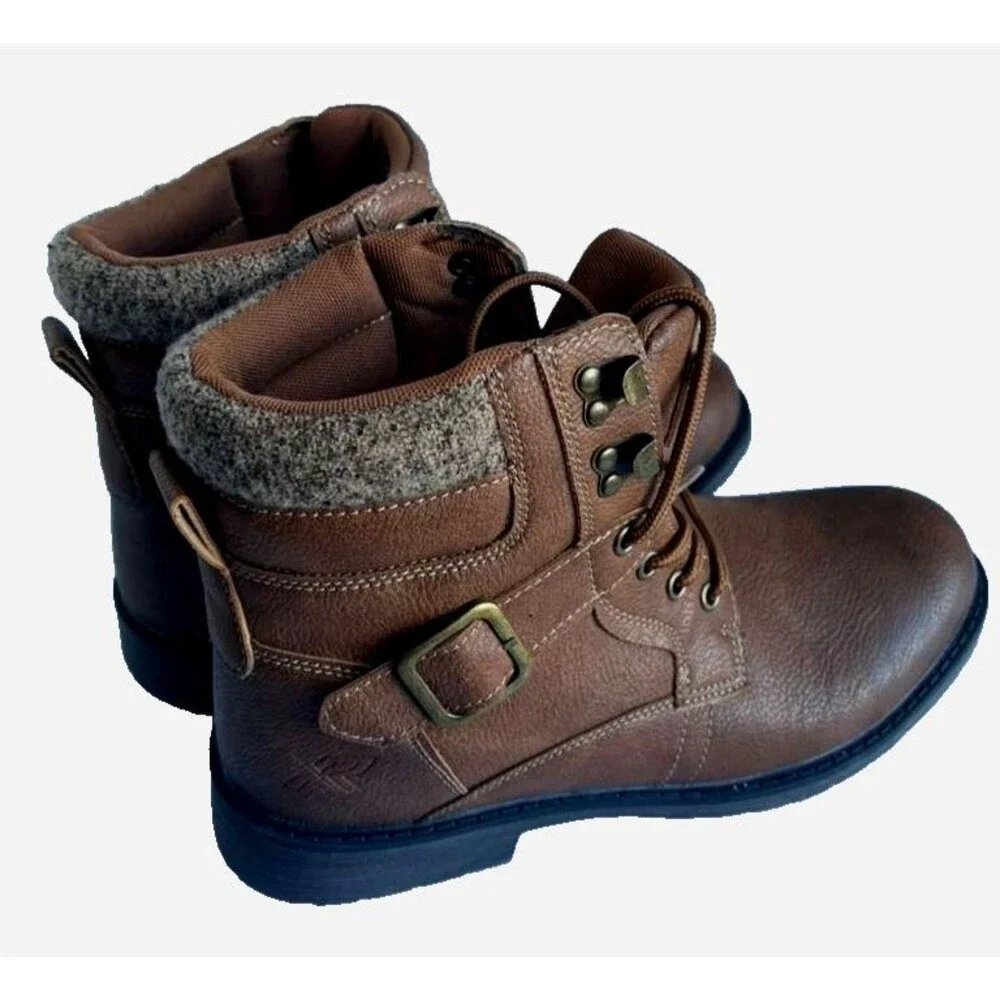 Xray Mens Brown Lace-Up Ankle Boots Buckle Detail Size 10.5 Faux Leather